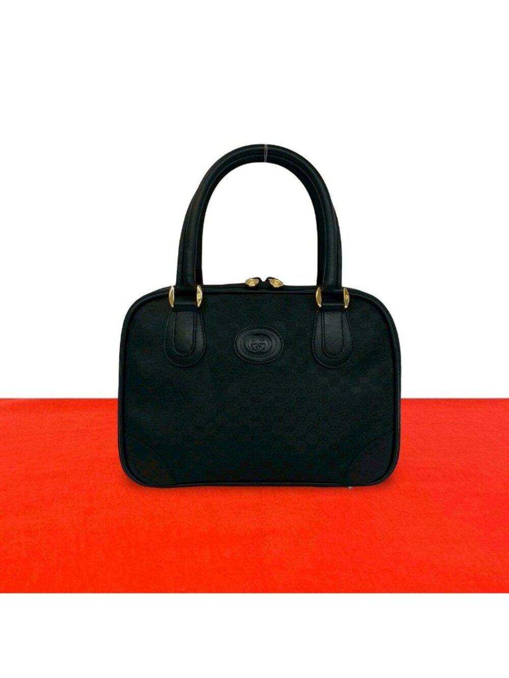 Gucci Vintage Micro GG Logo Canvas Leather Mini Boston Bag Black